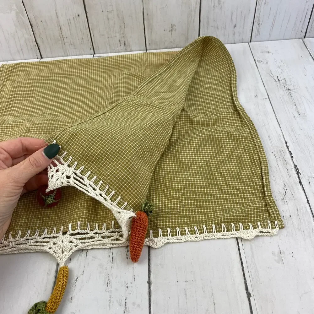 VTG 3d Crocheted Veggie & Fruit Green Edge Kitchen Hand Tea Towels - Picture 7 of 10